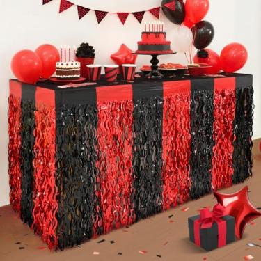 Imagem de Mega-L 2025 Decorações de festa de formatura, pacote com 2 saias de mesa com franjas metálicas vermelhas, pretas onduladas e metálicas para mesas retangulares e redondas, decorações para turma de 2025