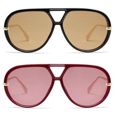 Imagem de VANLINKER Óculos de sol aviador polarizados grandes e modernos para mulheres e homens, óculos de sol redondos retrô vintage VL9798, Pacote com 2 - c5+c8-preto/marrom e vermelho vinho/vermelho claro