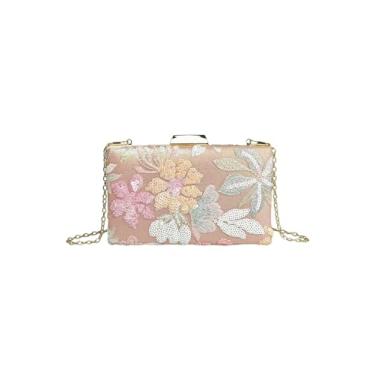 Imagem de QWINEE Bolsa feminina de lantejoulas com bordado floral para noite elegante mini bolsa transversal bolsa de festa de casamento, Rosa e verde, one_size
