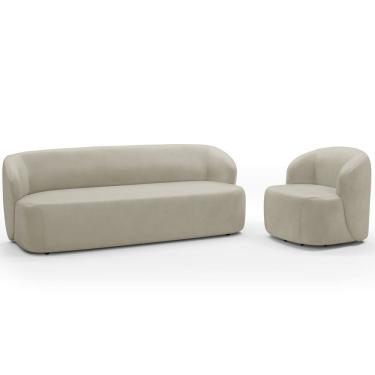 Imagem de Sofá 3 Lugares 205cm Com Poltrona Giratória Orgânica Heidy F04 Veludo Bege - Lyam Decor