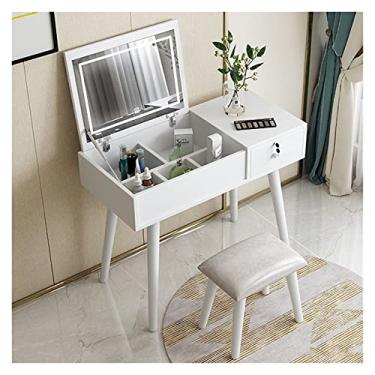 Imagem de hezhuhe2258 Conjunto de penteadeira de penteadeira com luzes LED espelho flip quarto penteadeira mesa de maquiagem móveis de casa penteadeira (cor: branco)