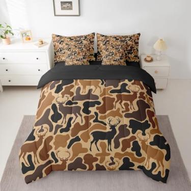 Imagem de Jogo de cama solteiro de 7 peças de veado camuflado, inclui edredom, conjunto de lençol, fronhas e fronhas, decoração de quarto, chifres marrons, cama em uma bolsa, casa de fazenda ocidental