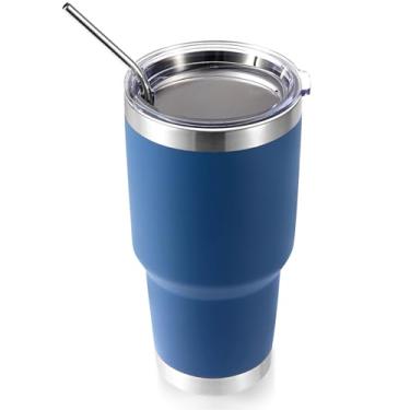 Imagem de Volhoply Caneca isolante de 900 ml com tampa e canudo, caneca de café de viagem de parede dupla para bebidas quentes/frias, cabe no porta-copos de carro, sem BPA (azul marinho, 1