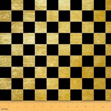 Imagem de Tecido retrô xadrez preto dourado tecido estofado para cadeiras sofá sofá geométrico vintage para projetos de bricolage em casa, decoração à prova d'água poliéster moderno simples estética groovy, 1