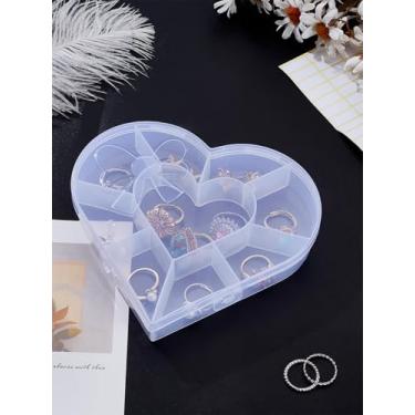 Imagem de 1 caixa de armazenamento de plástico de coração, 9 compartimentos, caixa de joias empilhável com 3 folhas de adesivos de papel em branco, mini organizadores transparentes para acessórios de joias