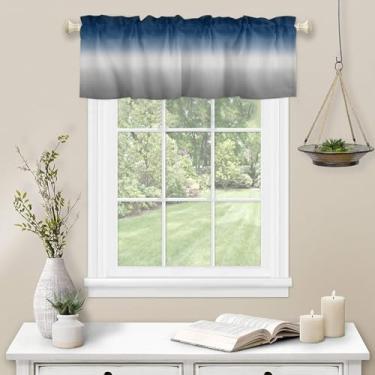 Imagem de Cortina de cozinha azul cinza ombré para janela gradiente cor gradual haste bolso sanefa cozinha tratamento de janela para quarto sala de estar 107 x 30 cm