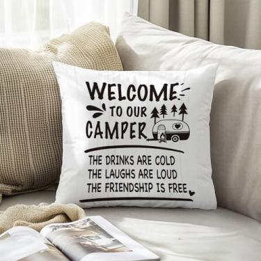 Imagem de Funny Welcome to Our Camper Fronhas 45,7 x 45,7 cm, presentes engraçados de acampamento, decoração de trailer, capas de travesseiro para trailers