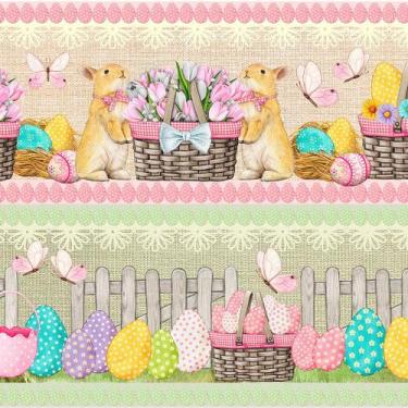 Imagem de Tecido Tricoline Digital Barrado Páscoa Encantada (Coelho) - Peripan -