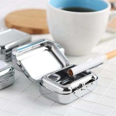 Imagem de 1 cinzeiro portátil de bolso de aço inoxidável com tampa recipiente de cigarro para fumar ao ar livre (branco)