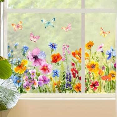 Imagem de Adesivos de janela extragrandes - padrão de flores e borboletas de 88 x 28 cm para decoração de superfícies de vidro, quarto, sala de estar e varanda