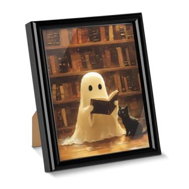 Imagem de Pôster de arte de parede de gato fantasma assustador leitura gótica para desktop, pintura emoldurada Dark Academia para decoração de mesa de parede doméstica 15 x 20 cm