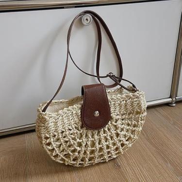 Imagem de Bolsas transversais de palha para mulheres - Bolsa de praia semicírculo, bolsa de ombro para férias e uso diário, Branco