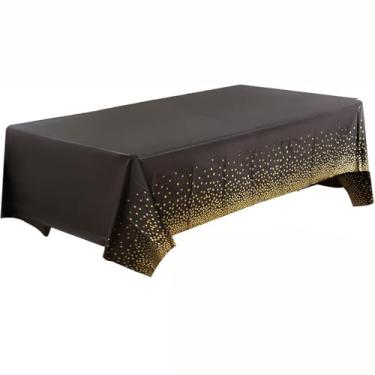 Imagem de Toalha de mesa descartável de folha dourada para festas de fim de ano com fundo preto e bolinhas douradas