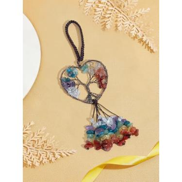 Imagem de 1 peça de acessórios para pendurar espelho de carro, árvore da vida, lascas de pedras sintéticas embrulhadas em fio de coração, pingente grande, com fios de latão banhado a cobre vermelho e cordão de