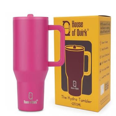 Imagem de House of Quirk Copo de 1200 ml com alça e canudo simples - suporte de copo de carro, resistente a vazamentos, garrafa de água reutilizável isolada de aço inoxidável e base de borracha (neon magenta)