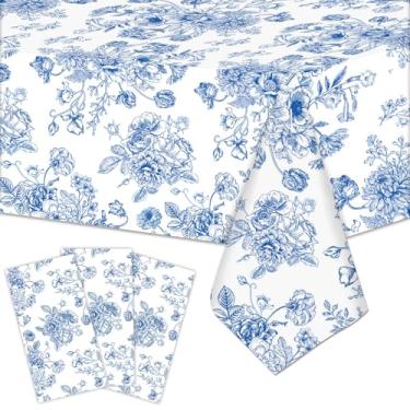 Imagem de 3 peças de toalha de mesa retangular floral azul branca azul 137 x 272 cm, capa de mesa descartável elegante com design de flores para casamento, chá de panela, chá de bebê, aniversário e decorações