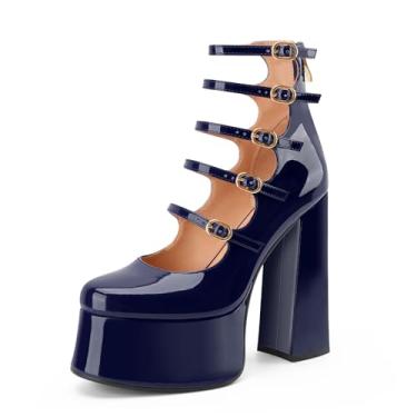 Imagem de Perisis Botas femininas plataforma Mary Janes salto alto bloco grosso cano curto bico fechado botas botas gótico lolita sapatos, Azul marinho, 41