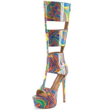 Imagem de Perisis Sandálias gladiadoras plataforma até o joelho para mulheres sexy aberto peep toe salto alto stiletto moda verão vestido festa dança botas com zíper, Patente de arco-íris gradiente, 36