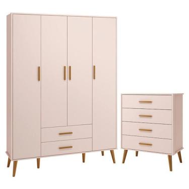 Imagem de Jogo De Quarto Infantil Isis Guarda Roupa 4 Portas E Cômoda 4 Gavetas Rosa - Reller Móveis Rosa