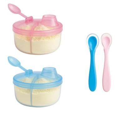 Imagem de Kit 2 Pote de Leite em Pó para Bebê + 2 Colheres Ponta de Silicone, introdução alimentar, condimento para levar na bolsa Pote com 3 Divisorias de 50ml (Misto (1 Pote Azul e 1 Pote Rosa + Colheres))