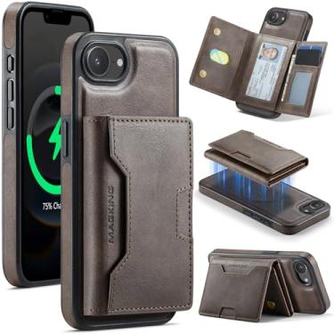 Imagem de DG.MING Capa carteira para iPhone 16e, suporte magnético destacável 2 em 1 com bloqueio RFID (7 compartimentos para cartão), compatível com MagSafe, suporte, couro PU + design TPU à prova de choque