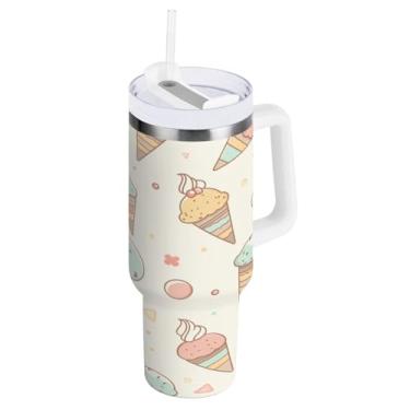 Imagem de Blueangle Copo isolado de 1,134 g com alça e tampa de canudo - Caneca de viagem de aço inoxidável à prova de vazamento, garrafa de água com padrão de sorvete a vácuo de parede dupla (590)