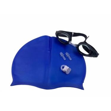 Imagem de Touca de Natação Impermeável，Toca de Natação Adulto，Kit De Natacao com Touca Silicone E Oculos Para jovens E Adultos(Azul escuro(touca)+Preto(óculo)