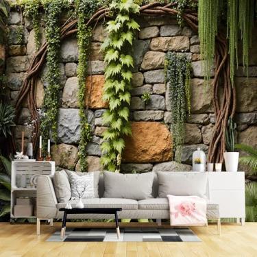 Imagem de Murais de parede de tamanho personalizado, parede de pedra rústica vinhas verde tecido de parede autoadesivo (sem PVC) papel de parede grande removível para sala de estar, quarto, escritório