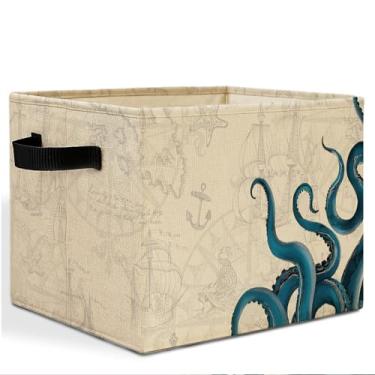 Imagem de HSIASHENG Caixa de armazenamento vintage de polvo náutico com alças, decoração de berçário oceânico, cesto de roupa suja de praia costeira, dobrável, organizador de brinquedos para quarto de crianças