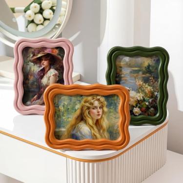 Imagem de Vicenpal Pacote com 3 porta-retratos decorativos, vintage, curvado, verde, rosa, amarelo, para mesa e parede, decoração de casa, presente e design de arte decorativa