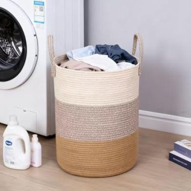 Imagem de Cesto de lavanderia, cesto de roupa suja de corda de algodão tecido, 60 L para decoração de armazenamento de roupas sujas, brinquedos e cobertores no banheiro, quarto de bebê e sala de estar (creme