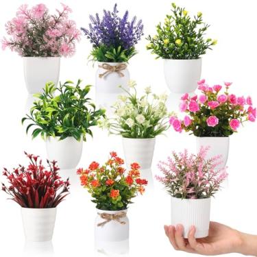 Imagem de FineCheer Pacote com 9 flores artificiais em vasos, pequenas plantas falsas com vaso de plástico, mini plantas artificiais em vasos para casamento, casa, mesa, escritório, cozinha, decoração interna e
