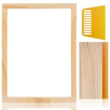 Imagem de Caydo Moldura de impressão de tela com rodo de impressão de tela para camisetas, mochilas, bolsas, impressão DIY, tela de seda de madeira de 25 x 35 cm com malha branca 110