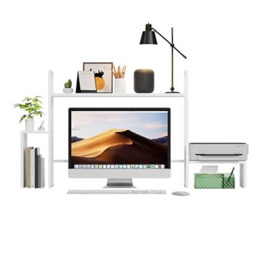 Imagem de WelFurGeer Prateleira de mesa de madeira de 2 camadas com faixa de luz RGB - Organizador de mesa de 124 cm para monitor máximo de 71 cm - Estante de escritório em casa e dormitório - branca