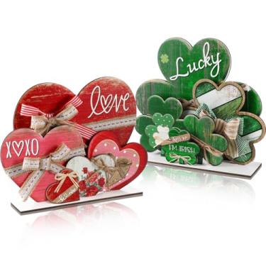 Imagem de Amyhill 5 peças, placa de madeira para dia dos namorados e dia de São Patrício, placa de madeira com trevos de coração rústico, placa de madeira dupla face com tema diferente, centro de mesa para dia