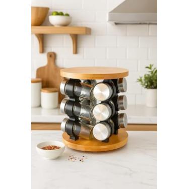 Imagem de Porta-Temperos Giratório com 12 Potes de Vidro, Base Redonda Bambu e Tampas Pretas