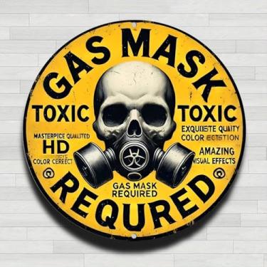 Imagem de Máscara de gás necessária sinal de crânio tóxico vintage rústico alumínio metal redondo placa de parede, presentes internos e externos de 20 cm e decoração para casa, escritório, café e fazenda