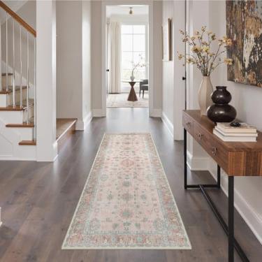 Imagem de GENIMO Tapete de corredor para corredores lavável à máquina, antiderrapante boho vintage leve lavável, tapetes finos para entrada, corredor, banheiro, lavanderia, corredor, rosa enevoado