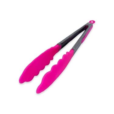 Imagem de Pegador de Salada Multiuso, 30 cm, Inox com Silicone, Trava Abre e Fecha, Não Risca Panela, Preto Rosa Vermelho