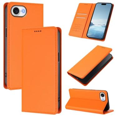Imagem de Capa carteira fina para iPhone 16e com capa flip magnética, compartimentos para cartões e suporte, bloqueio RFID, compatível com carregamento sem fio, capa protetora à prova de choque (laranja)