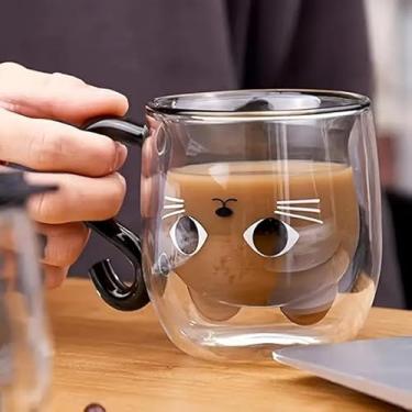 Imagem de Caneca de vidro de parede dupla de gato fofo copo de café transparente com alça novidade para aniversário dia dos namorados escritório