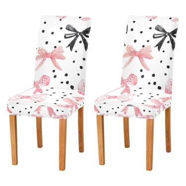 Imagem de SEHANY Conjunto de 2 capas de cadeira com laço de bolinhas rosa para sala de jantar, elástico, removível e lavável, para cozinha, hotel, festa, Natal