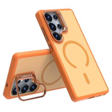 Imagem de POYUFRG Capa magnética para Samsung Galaxy S25 Ultra, capa de telefone translúcida fina fosca com proteção de lente de metal, capa de suporte, laranja, S25 Ultra