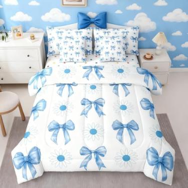 Imagem de Erosebridal Jogo de edredom infantil kawaii com laço e laço azul delicado, decoração de quarto para meninos e meninas, 7 peças, decoração de quarto