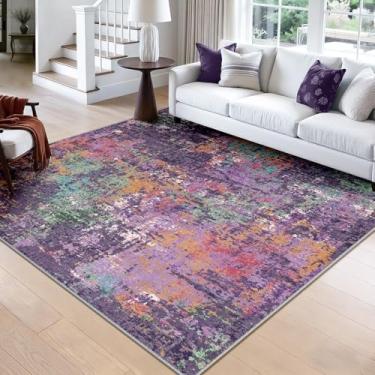 Imagem de RELEANY Tapetes laváveis, quadrados, 2,4 m, antiderrapantes, modernos, abstratos, macios para sala de estar, entrada, quarto, berçário, estampado, roxo, laranja, azul, verde, vermelho, enferrujado