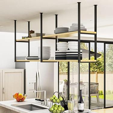 Imagem de Prateleiras flutuantes para montagem no teto – Armazenamento de madeira para bar de cozinha e suporte de especiarias – Prateleiras sob o balcão para cozinha organizada, decoração de casa que economiza