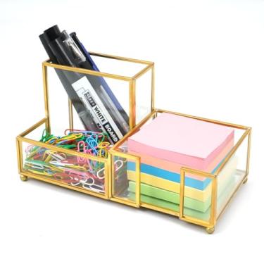 Imagem de Shonmogar Organizador de mesa com 3 compartimentos, pequeno organizador de mesa de vidro para canetas, lápis, cartões de visita, notas adesivas, clipes de papel, suporte de caneta dourado elegante
