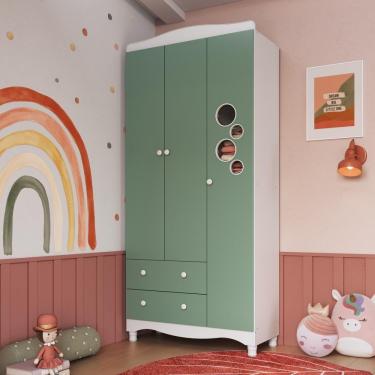 Imagem de Guarda-roupa Infantil 3 Portas E 2 Gavetas Com Nichos E Cabideiro Para Quarto De Bebê Branco Com Verde