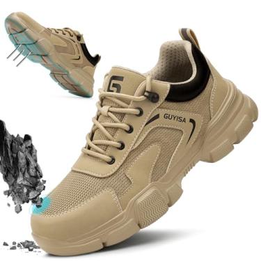 Imagem de Sapatos de aço para homens e mulheres sapatos de trabalho leves masculinos indestrutíveis sapatos de segurança à prova de perfuração, tênis de bico composto, Caqui, 39