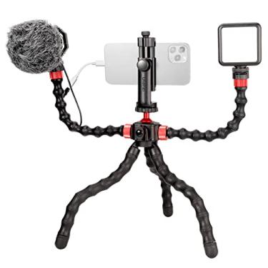 Imagem de KOLEP Flexível Phone Vlog Kit Smartphone Video Kit Com Octopus Tripé Stand + 2 Ços De Extensão + 5500K Mini Luz De Vídeo LED + Microfone Condensador Cardioide + Suporte De Telefone Rotativo Com-